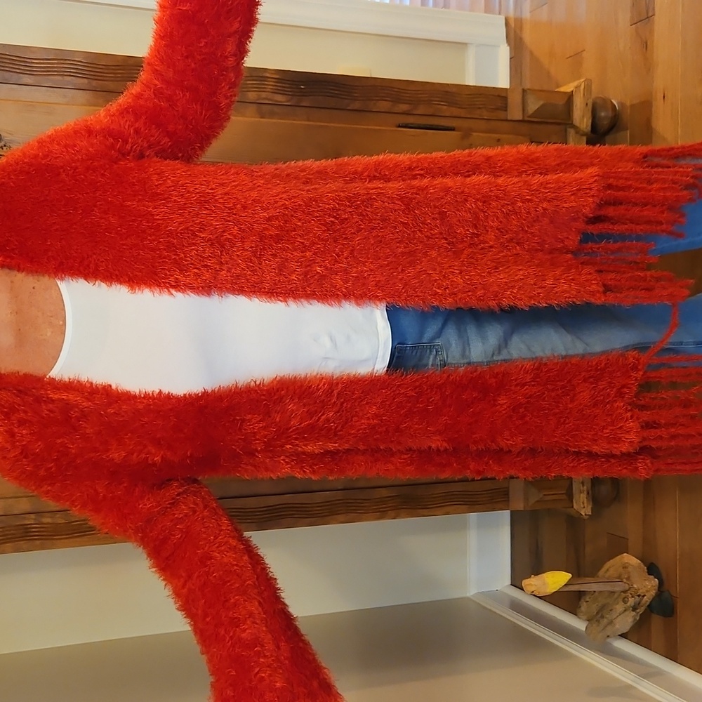 Gorgous Vintage Maaz Red Fuzzy Women's  Shawl/ Tasseled  Sweater